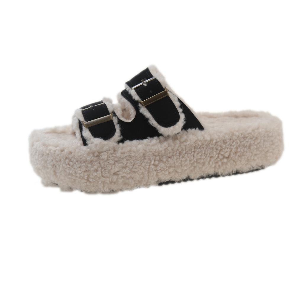 Thick-bottomed versatile fluffy slippers, new in autumn and winter 2025, one-word with velvet casual cotton slippers, one-pedal slippers