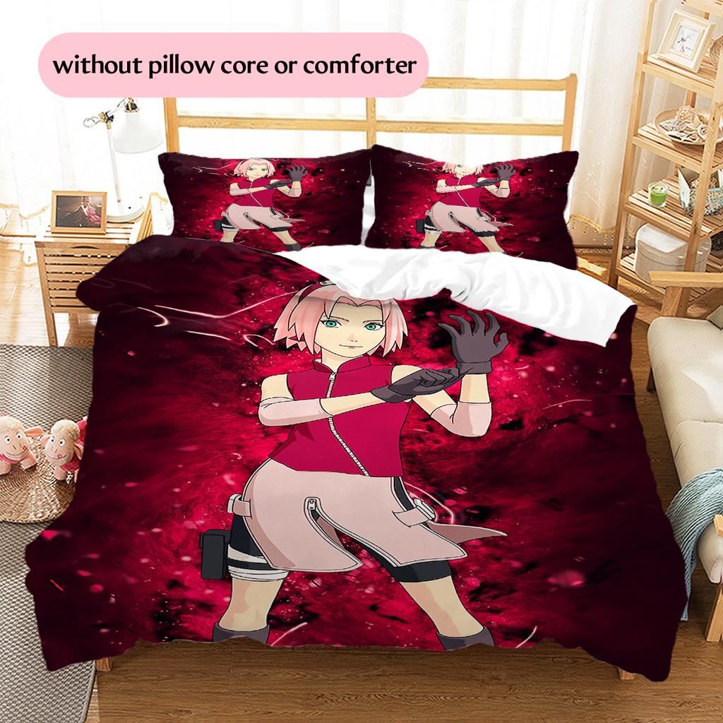 Anime Naruto Wzór Haruno Sakura Pościel Dekoracja Domu Prezent Urodzinowy (1 * poszwa na kołdrę + 2 * poszewki na poduszki, bez rdzenia)