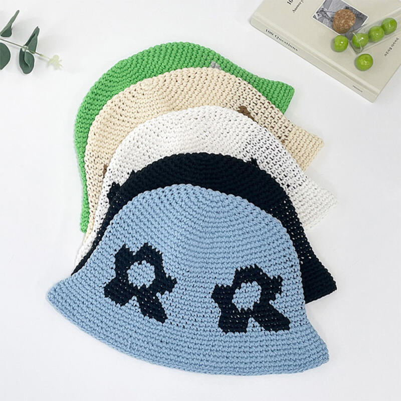 Long-sleeved bucket hat, flower viewing hat, color-block women s knitted flower black