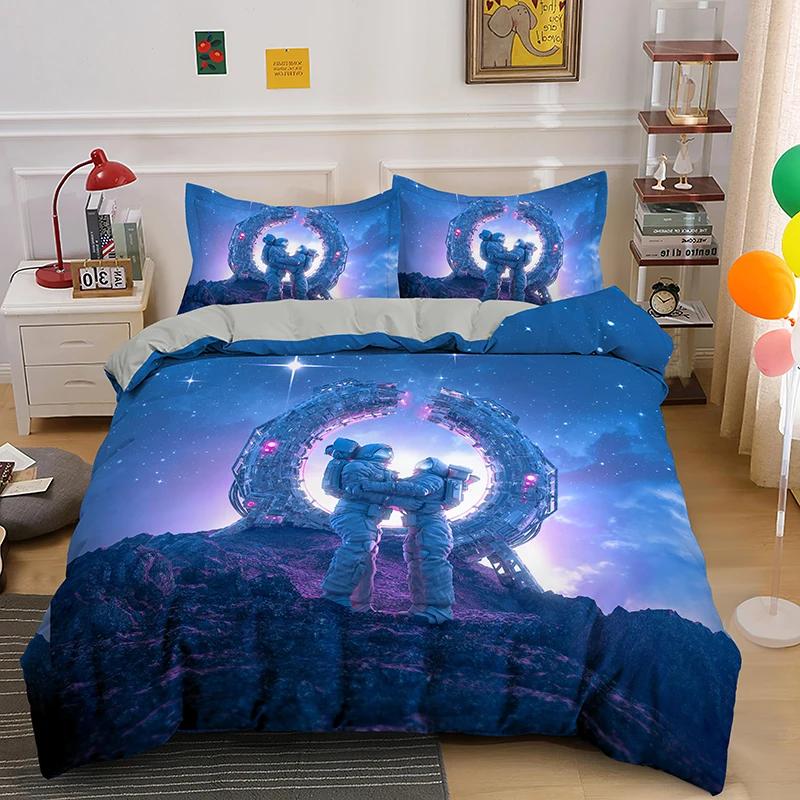 Astronaut King Queen Duvet Cover Space Cycling Bedding Set Cartoon Universe Comforter Cover Galaxy 2/3Pcs Polyester Quilt Cover