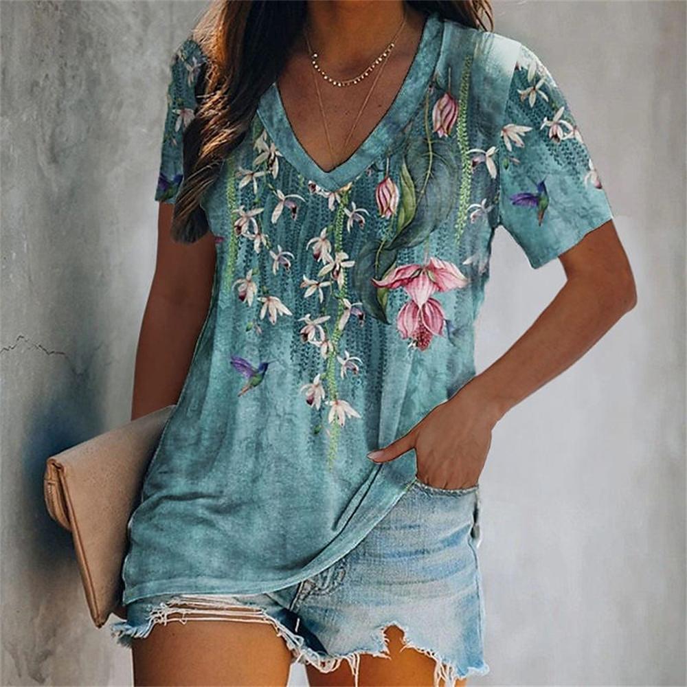 Fashion V-Neck Short Sleeve Colorful Tassels Print T-Shirts Summer Casual Elegant Women's Large Size T-Shirts