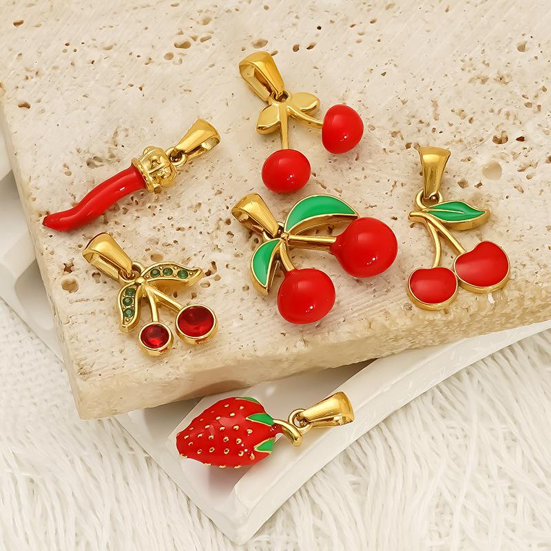 Personality High Sense Summer Fruit Strawberry Cherry Oil Drop Pendant Women'S Necklace