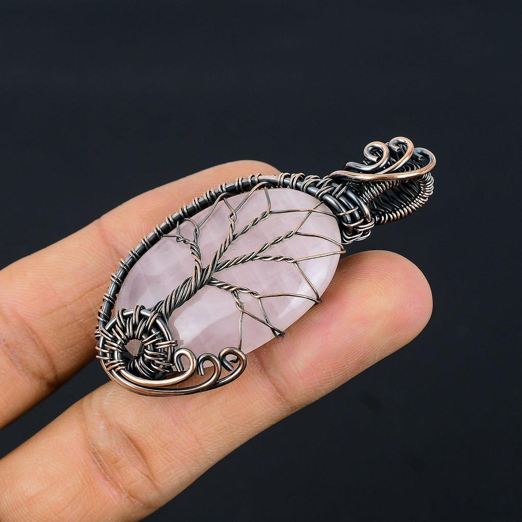 Tree Of Life Rose Quartz Jewelry, 999 Copper Wire Wrapped Pendant Handmade Gemstone Jewelry, Gifts For Wife Brand New Pendant