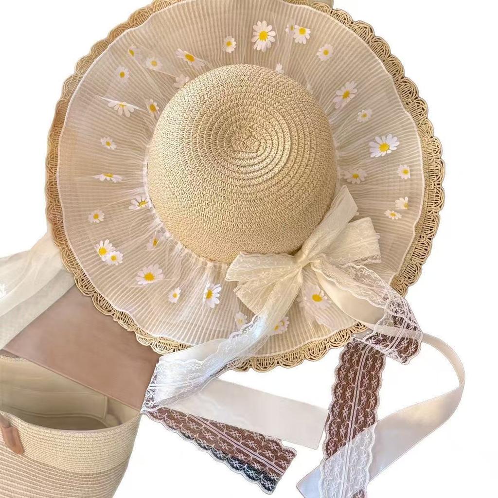 Daisy lace big brim straw hat female summer seaside beach Sanya photo vacation visor sun hat