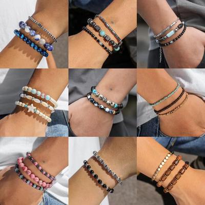 Retro Europäisch-Amerikanischer Stil 8mm Naturstein Kette 3-teiliges Geflochtenes Herrenarmband Set