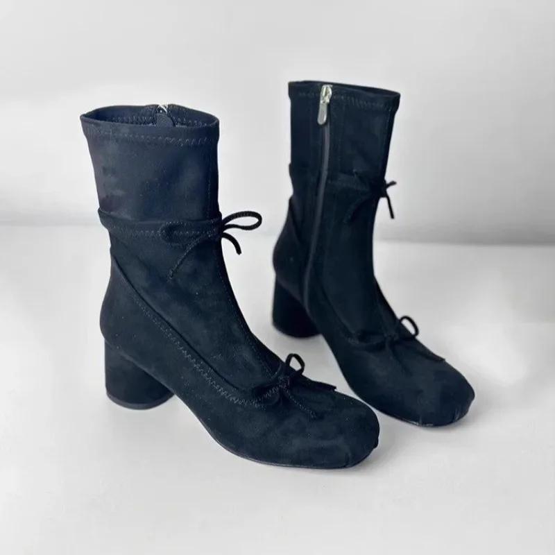Fashion Women's 2025 New Bow Block Heel Side Zipper Small Booties Niche Design Suede Skinny Boots