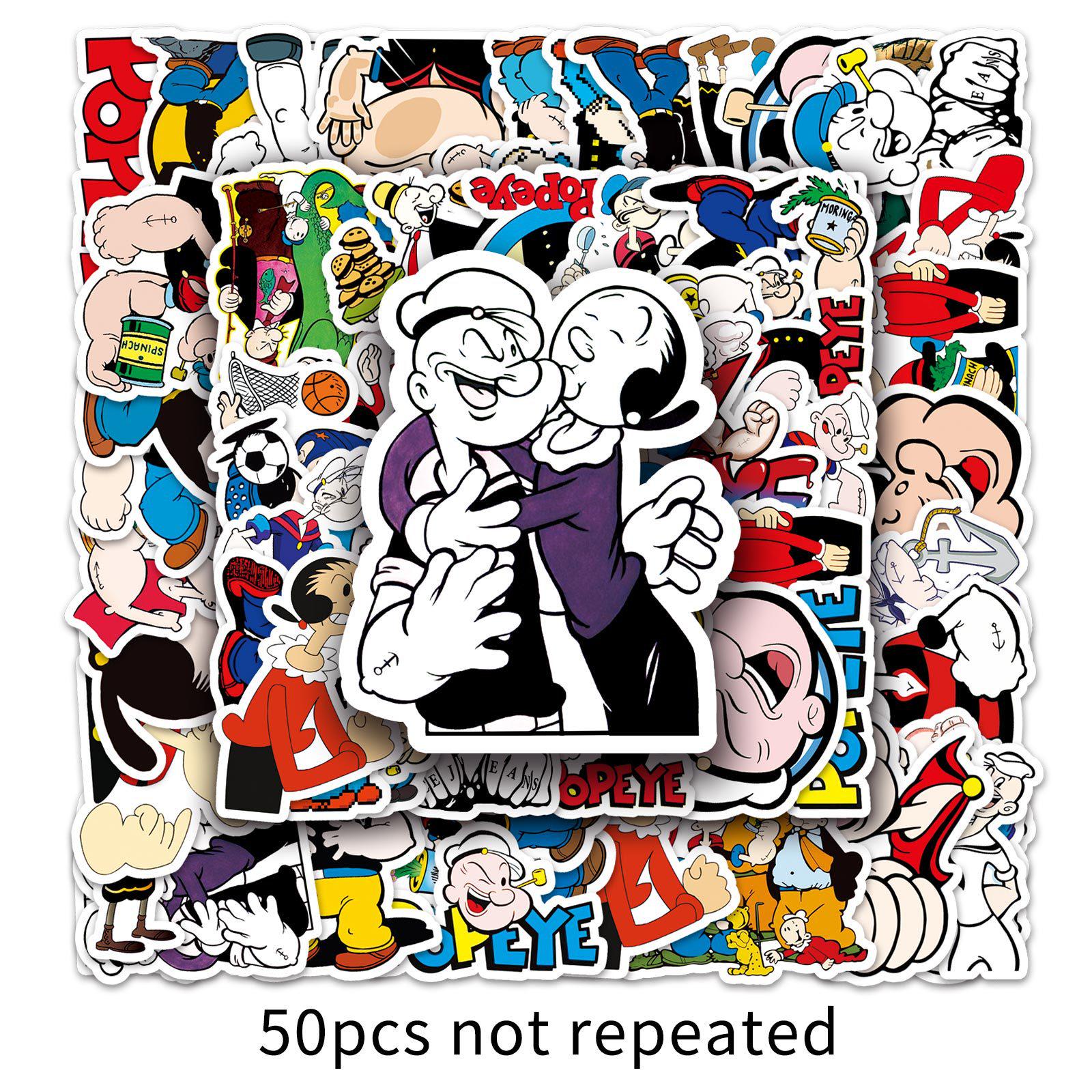 50 Cartoon Popeye Waterproof Stickers for Suitcase, Scooter, Car, and Bicycle.