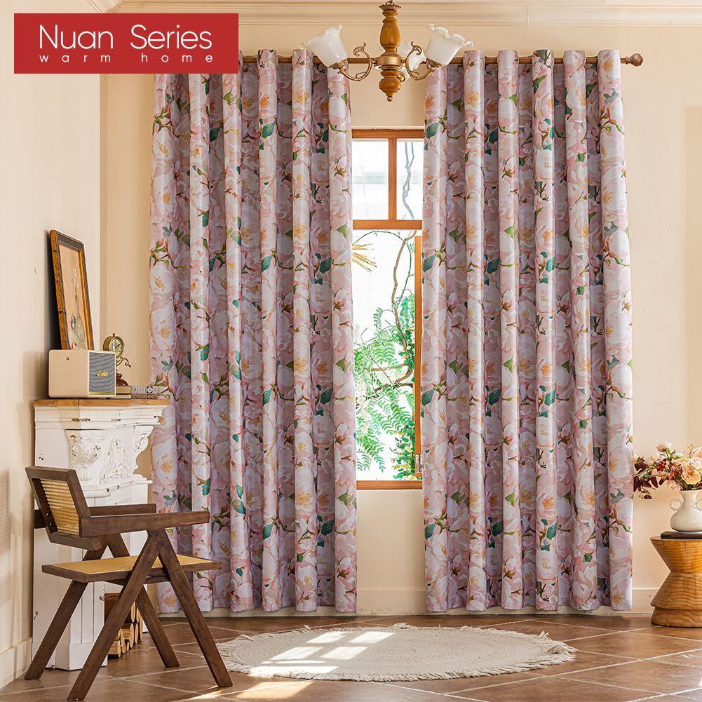 1 Stück Nuan Serie Französischer Landhausstil Verdunkelungsvorhänge Rosa Kamelien-Druck Vorhänge für Schlafzimmer Wohnzimmer Balkon Fenster für Heimdekoration