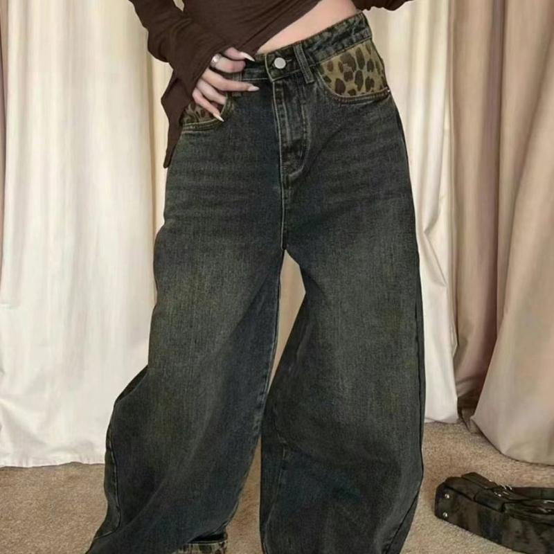 

Уличная одежда Y2K с леопардовым принтом, мешковатые джинсы, брюки для женщин, винтажная одежда, широкие женские брюки, Ropa De Mujer M синий