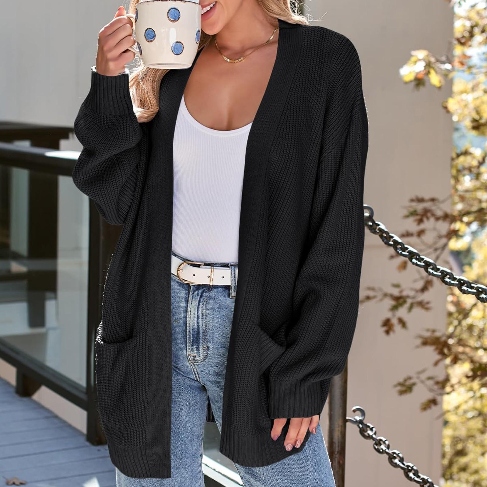 

Женский кардиган, вязаный свитер, открытый спереди, повседневный, с длинным рукавом, легкие кардиганы с карманами S чёрный