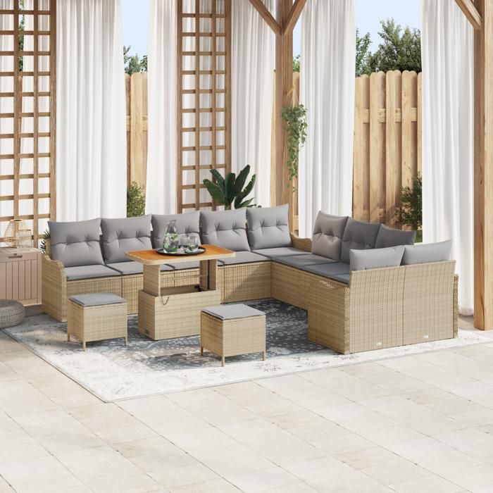 Ensemble de Canapé de Jardin 13 pièces avec Coussins Beige Poly Rattan, Canapé de Jardin 2 places avec Coussins Beige Poly 3362327