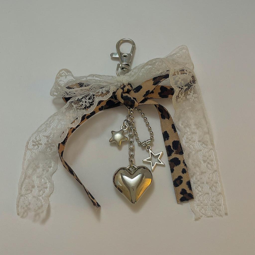 Goth Y2K Lace Bow Key Chain Heart Charm Pendant Kawaii Leopard Key Chain for Bag Accessory Women Trendy Tassel Chain Jewelry