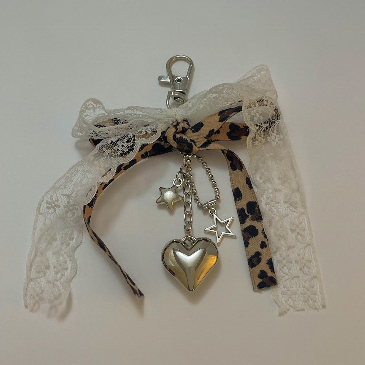 Goth Y2K Lace Leopard Bow Key Chain Heart Charm Pendant Kawaii Key Chain for Bag Accessory Women Trendy Tassel Chain Jewelry