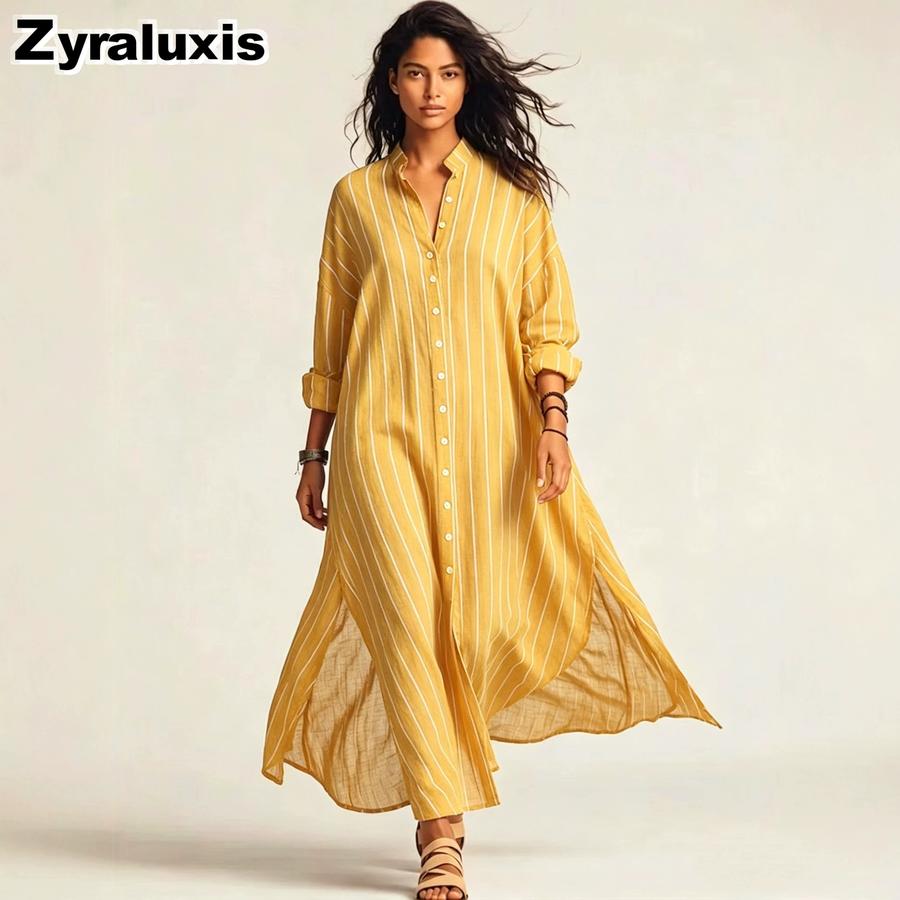 New Summer Striped Loose Long Sleeve Button Shirt Dress