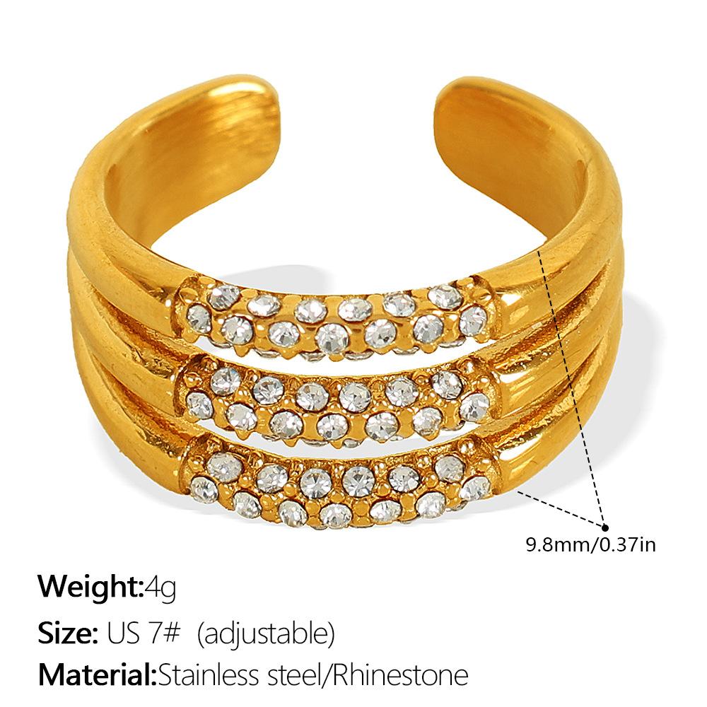 Three-layer ring with rhinestones, stainless steel fashion simple design, gold-plated stainless steel ring for women