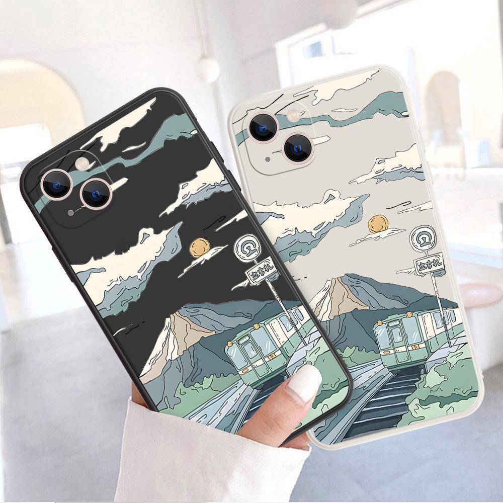 Oil painting under the moon train is suitable for iphone15promax Apple 17 mobile phone case 13 fine hole anti-drop 16 Japanese 11
