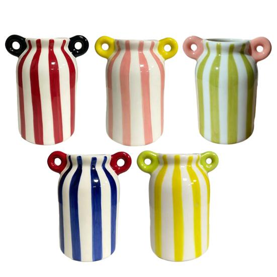 Ceramic Striped Flower Vase with Dual Handles Hand Painted Small Decorative Vase
