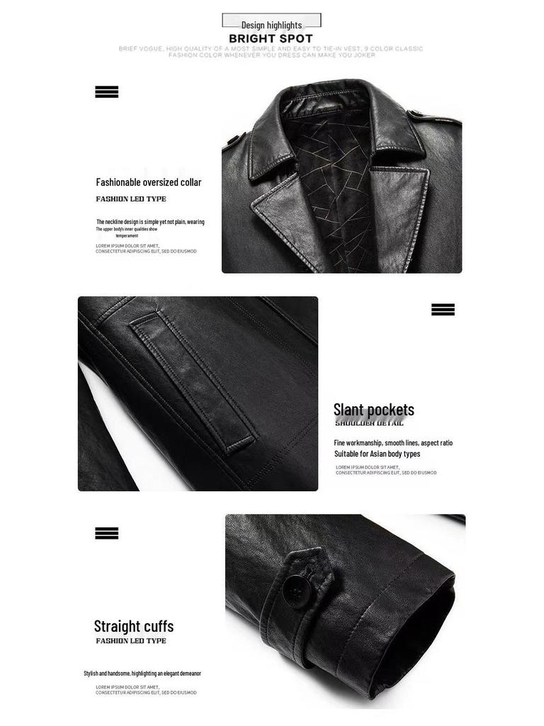 Cortavento Masculino de Couro Genuíno de Comprimento Médio: Gola de Terno, Com Veludo Extra, Quente, Jaqueta Casual de Negócios para Outono/Inverno.