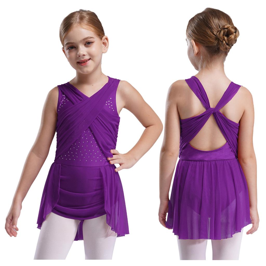 Girls Figure Skating Dress, Lyrical Dance Costume with Mesh Overlay, Cutout Back, Shiny Rhinestones & Irregular Hem