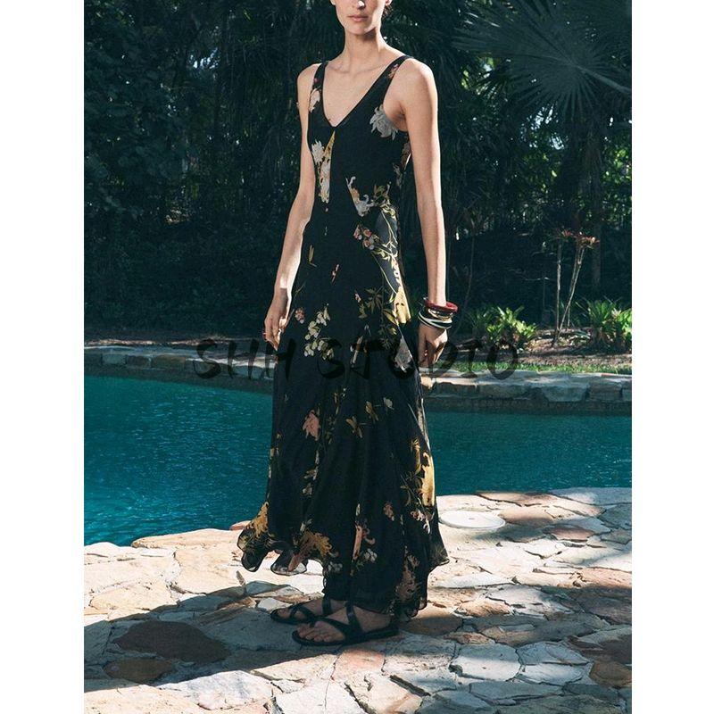 Spring and Summer New Women's Clothing Vacation Style Contrast Color Flower Printing Decoration Sleeveless V-neck Length Dress 2718100