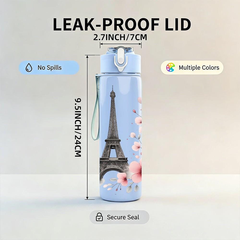 1PC Eiffel Tower Paris Floral 750ml Color Plastic Sports Water Bottle Leakproof Flip Straw Lid Suitable for Sports Office Home Use