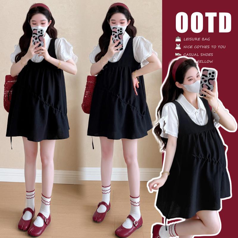 2026 Summer Maternity French Academy Two-Piece: Lapel Shirt + Drawstring Overalls L
