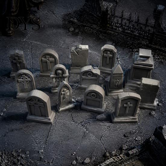 Spooky Graveyard Terrain 14 Pcs Mini Tombstone Model, 3D Printed Miniature Cemetery Gravestone Scenery Scene Layout Accessories Props for Tabletop