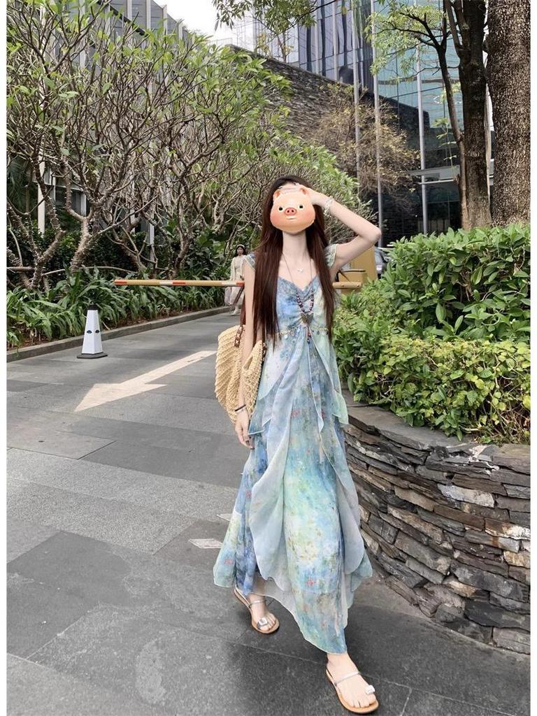 Seaside Resort Style Flutter Sleeve Camisole Dress - Women's Summer 2026 Waist-Cinched Irregular Fairy Dress