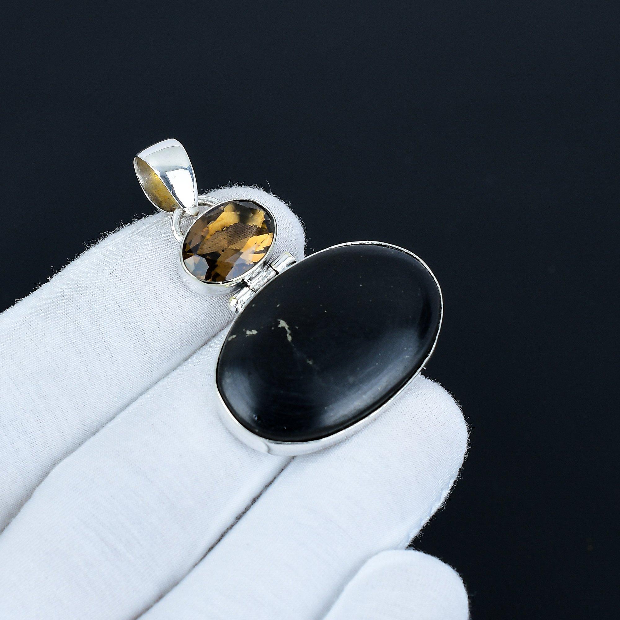 

Black Obsidian & Smoky Topaz Gemstone Pendant, 925 Sterling Silver Jewelry, Silver Pendant, Antique Jewelry, Necklace Pendant For Love Gifts 6.5 Cm чёрный