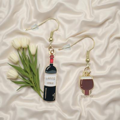 Red Wine Bottle & Glass Zinc Alloy Earring Set - Creative Niche Food-Inspired Ear Hooks Gift