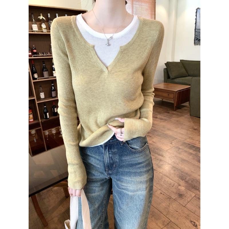 Spring splicing contrasting color fake two-piece knitted sweater femininity collar high-end long-sleeved top bottoming shirt