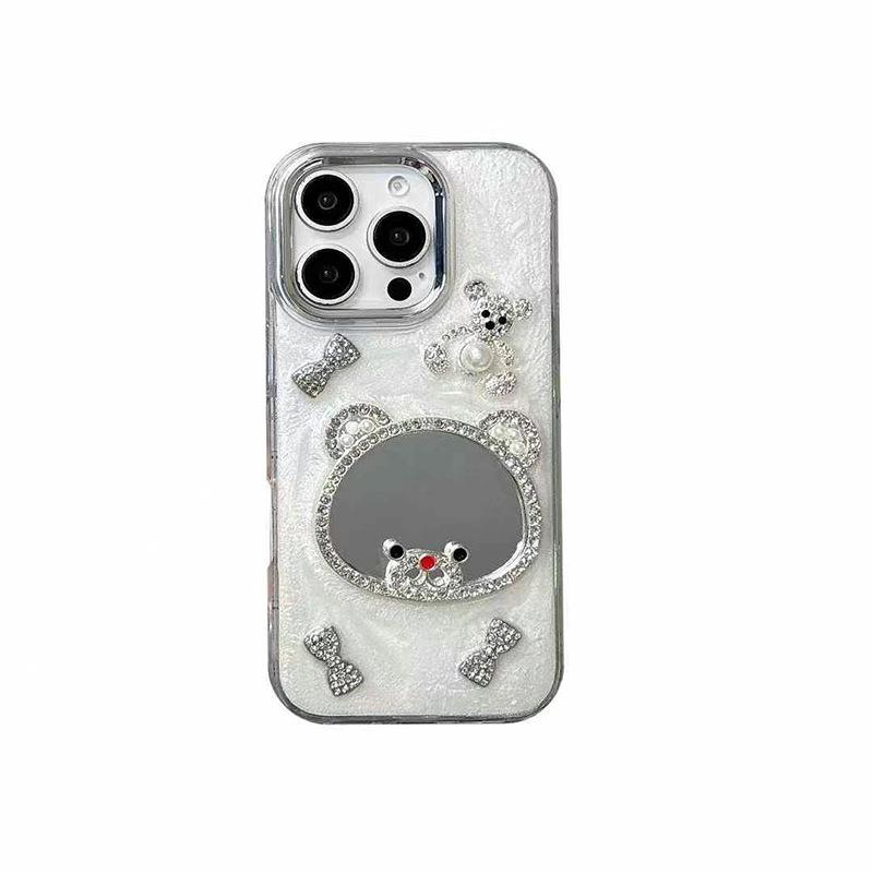 Pearl Bow Bear Mirror Mobile Phone Case For Iphone17Pro Epoxy Apple 15 Glitter 14 Women'S Models