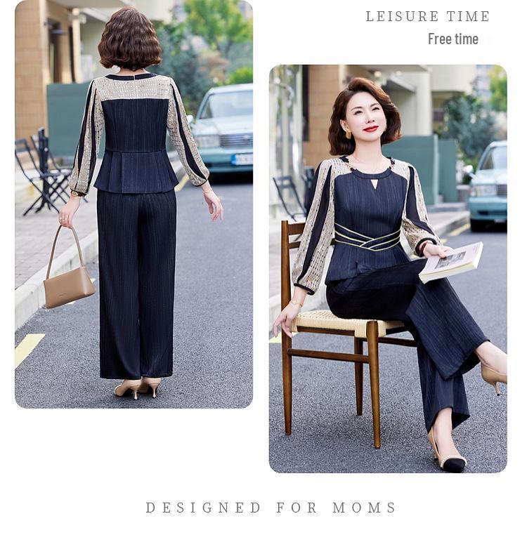 Elegant Autumn 2025 Satin Blouse & Seven-Sleeve Two-Piece Set for Middle-Aged and Elderly Women