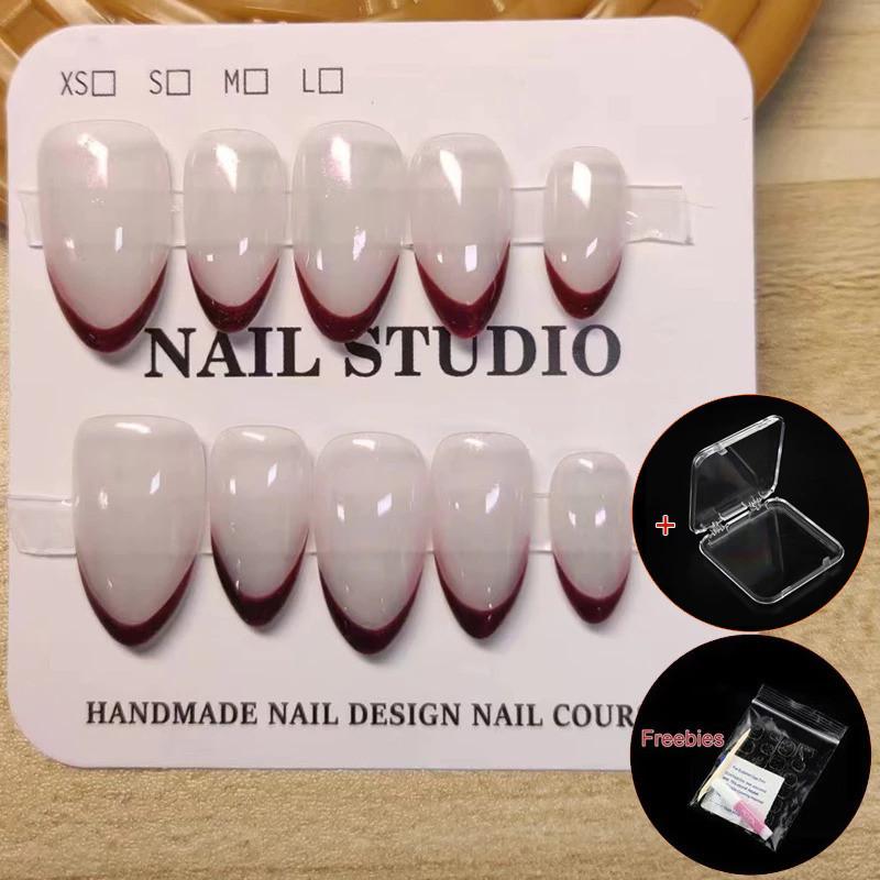 

100% ручная работа, короткие миндалевидные ногти Aurora, прозрачные и красные, французский типс, набор для накладных ногтей с клеем и коробкой, простые искусственные ногти, многоразовые L