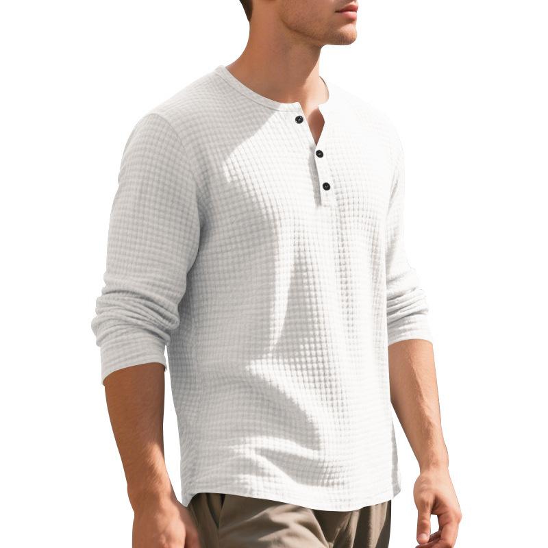 Men's Jacquard Small Square Buckle Henley Long Sleeve Retro Base T-shirt