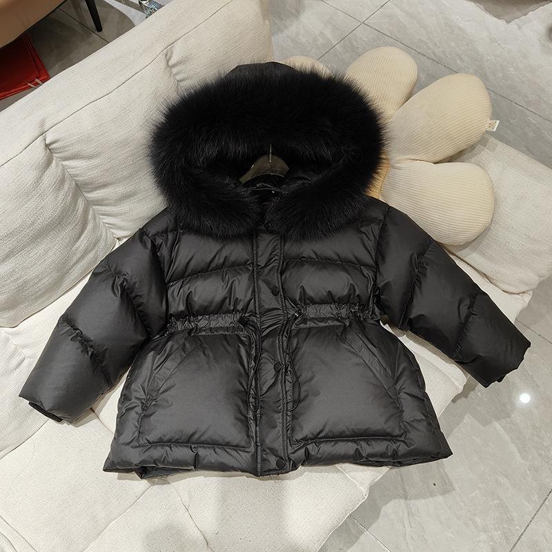 Comfortable  Winter Clothing Girls Thickened Warm Hooded Large Hairy Collar Casual Cotton Jacket Children's Waist Cotton Coat
