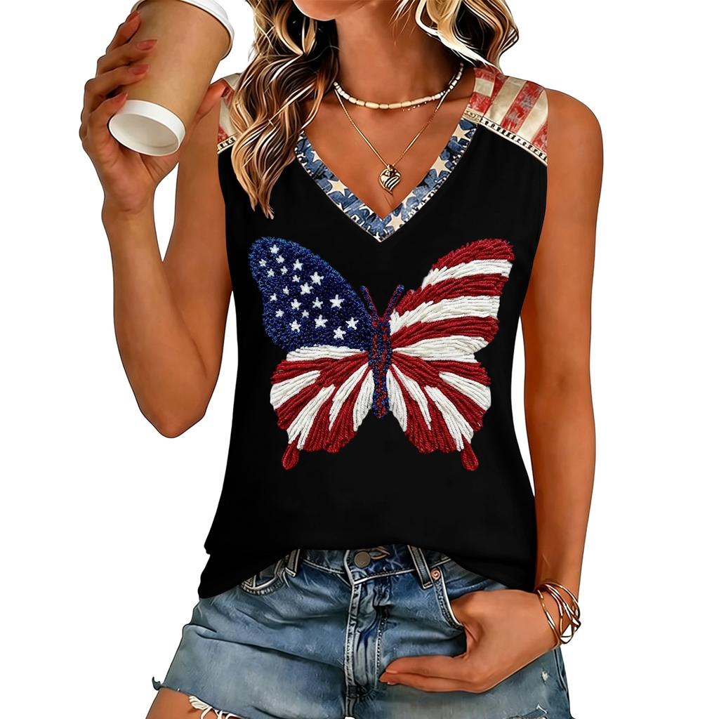 Women’s V Neck Sleeveless Casual Independence Day Butterfly Print Top Patriotic Holiday Tank Shirt for Summer Outings
