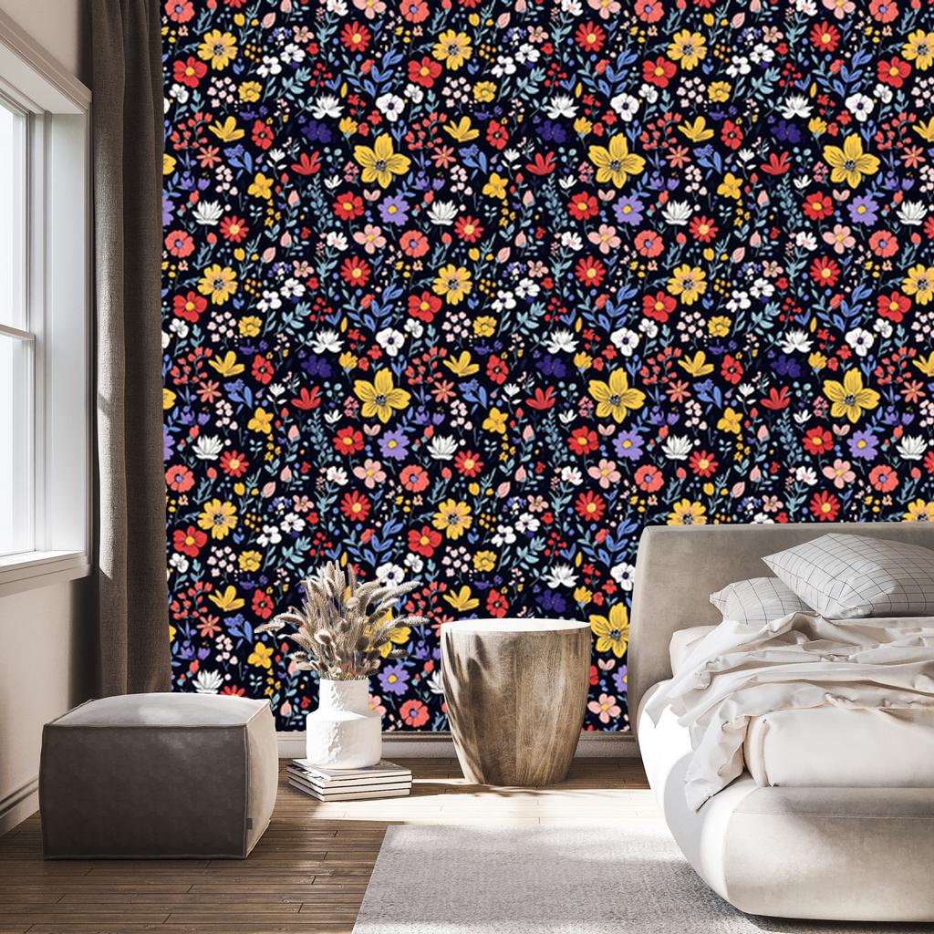 Cottagecore Flowers Wallpaper Navy Blue and Red for Living Room and Bedroom 50x1000