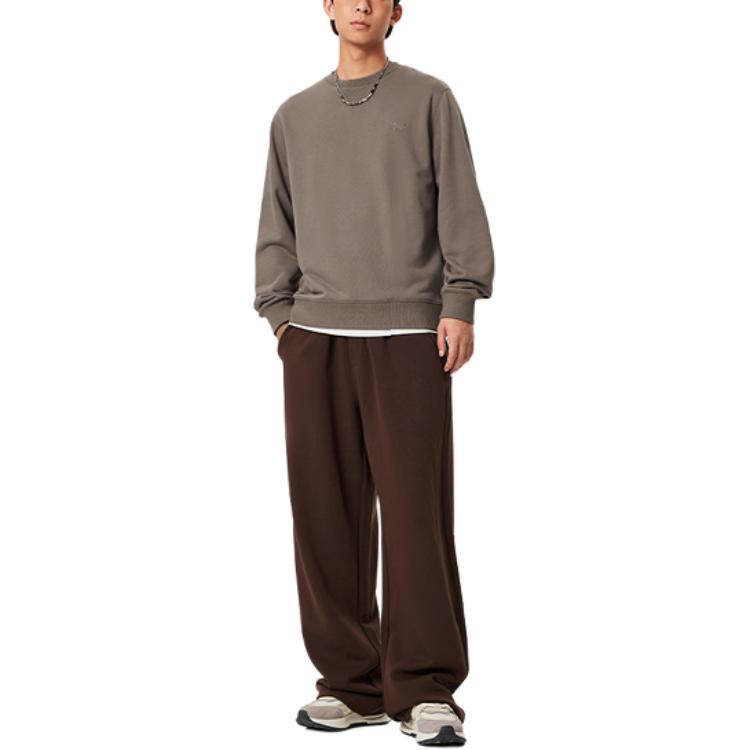 Li Ning China Color Series Solid Color Crew Neck Pullover Casual Long Sleeve Sweatshirt Men Sweatshirt Tree-Gray Brown AWDU657-5