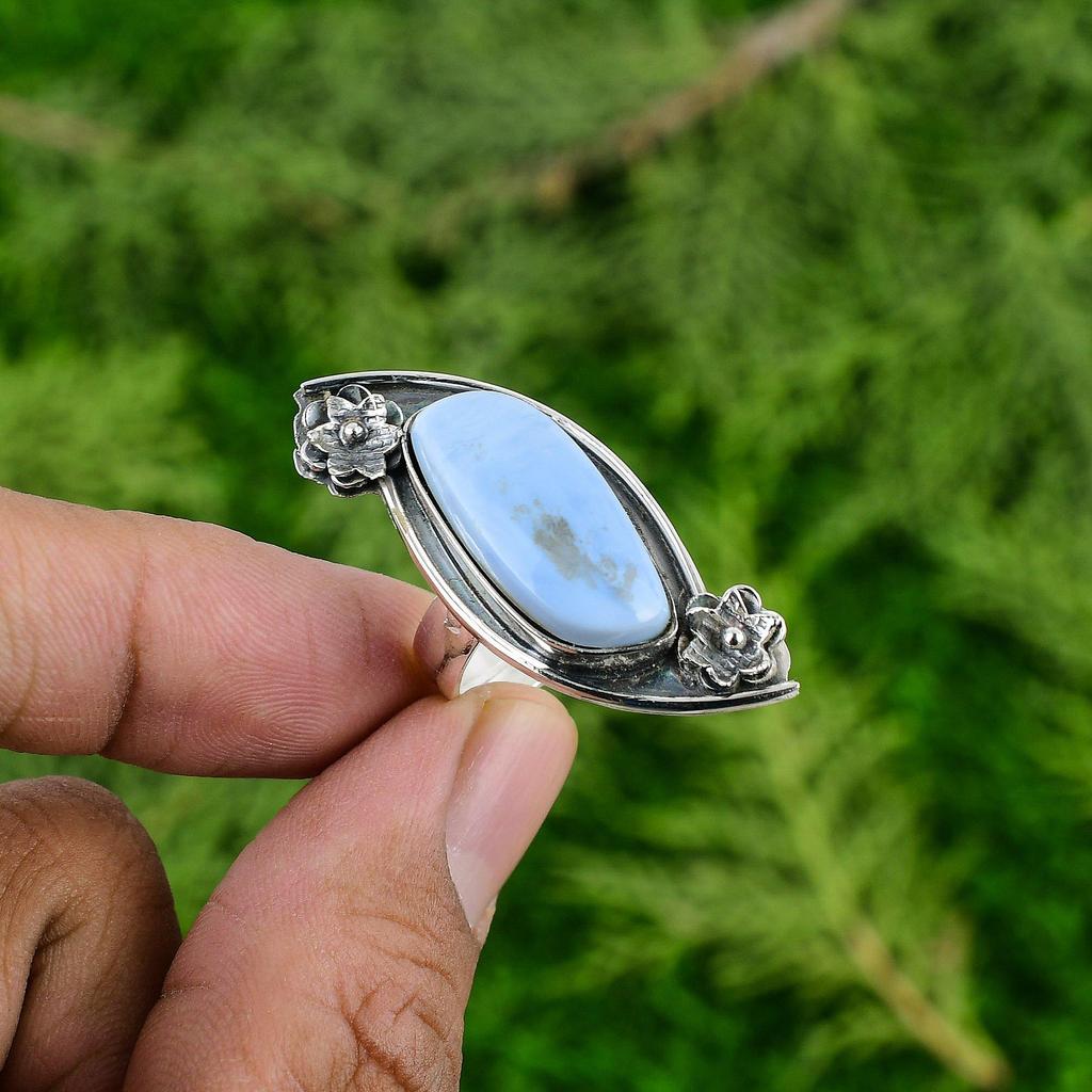 Statement Flower Adjustable Ring 925 Silver Natural Owyhee Blue Opal