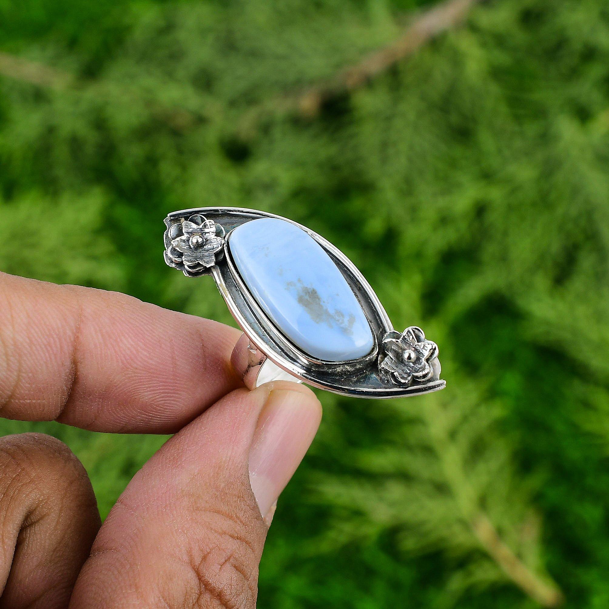

Statement Flower Adjustable Ring 925 Silver Natural Owyhee Blue Opal Adjustable