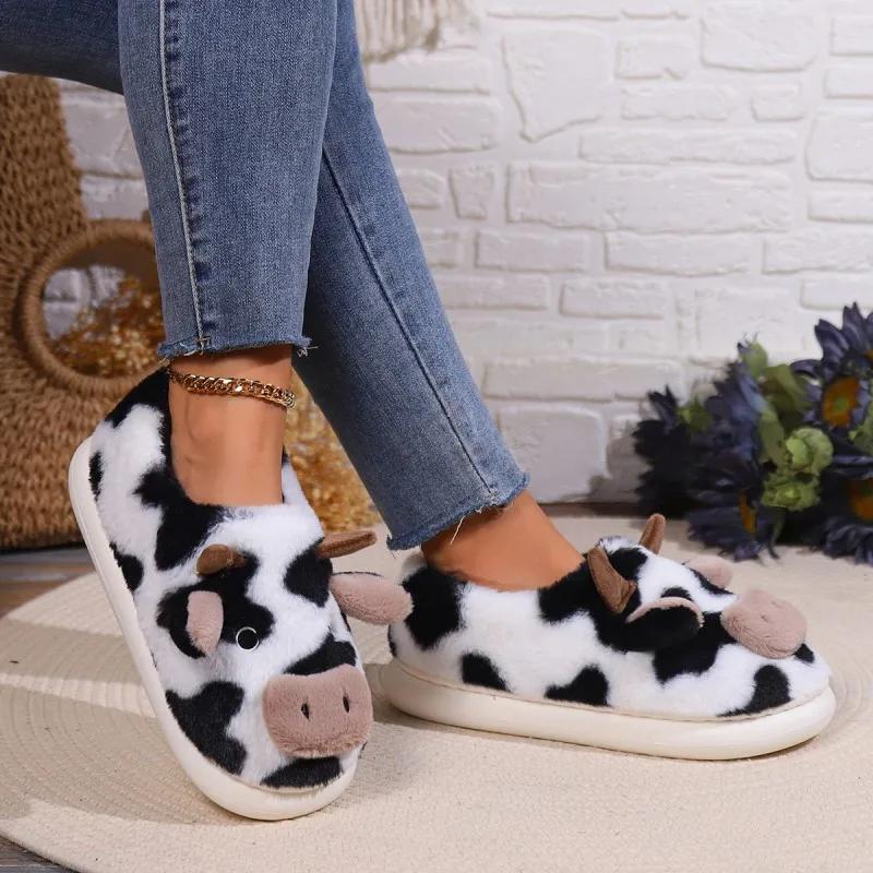 Cartoon Cow Plush House Slippers Women Winter Warm Non Slip Indoor Bedroom Slippers Woman Faux Fur Soft Sole Bedroom Home Shoes