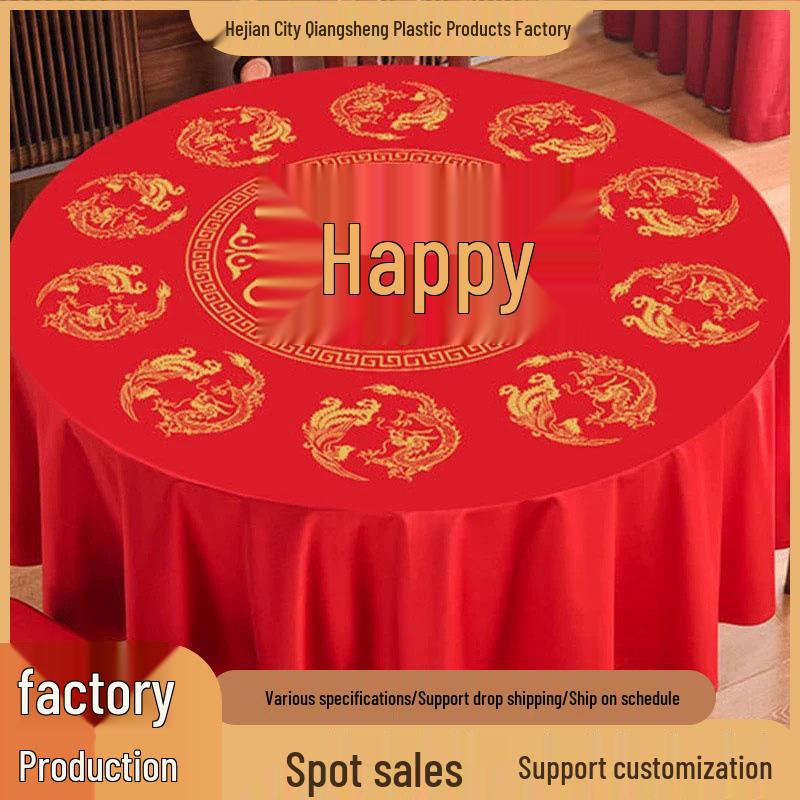 Double Happiness Red Wedding Banquet Tablecloth - Thick, Disposable Plastic with Chinese Longevity and Fu Character Design.