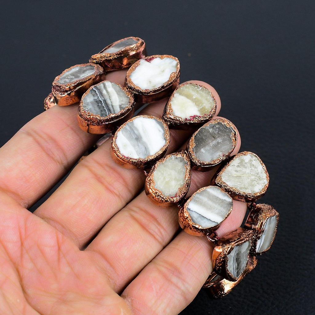 Yellow Lace Agate Bracelet Gemstone Jewelry, Copper Electroformed Adjustable Chain Bracelet, Gift For Women Handmade Bracelet