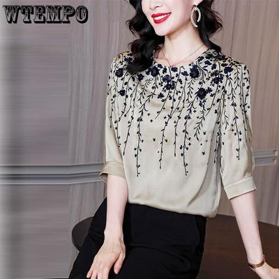 Solid Color Shirt Women Short-sleeved Printed Shirt Summer Plus Size Loose Blouse Embroidered Shirt