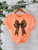 European and American High-End Leopard Print Bow-Knot T-Shirt: Women's Round Neck, Loose Short Sleeve