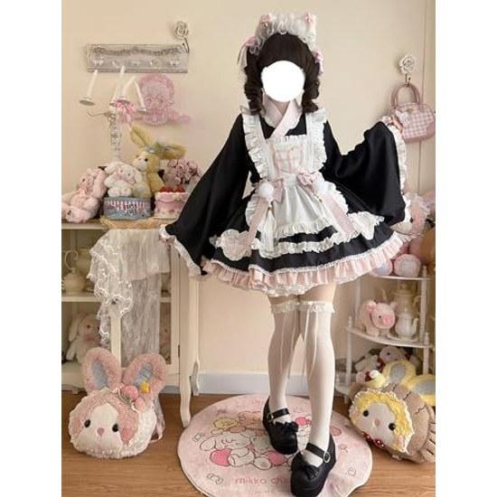 XHSUKADO Nurse Outfit 4-Piece Set One-Piece Womens Spring Summer Autumn Kimono Yukata Costume Cosplay Princess Sleeve Top Mini Skirt Apron Ribbon Maid