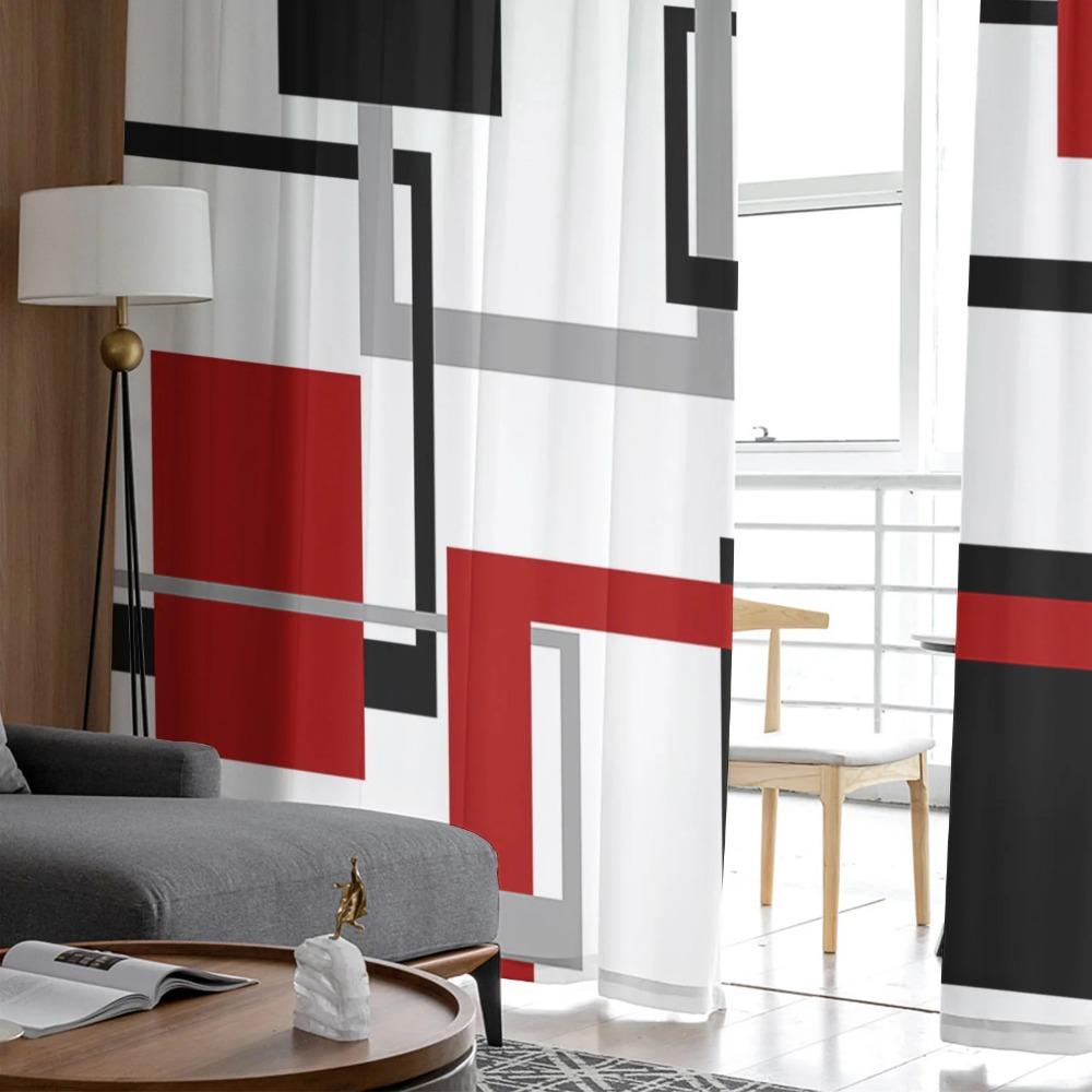 Abstract Geometric Squares Art Black Red Translucent Curtain Living Room Printed Tulle Window Drape Elegant Luxury Home Balcony Decor Curtains