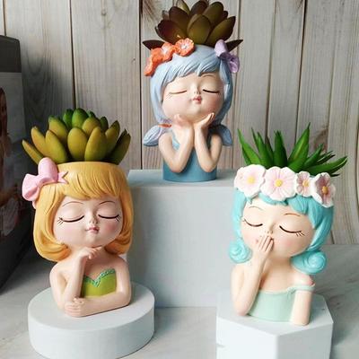 Gardening Supplies Cartoon Face Planters Pots Girl Statue Resin Fairy Flowerpot Nordic Realistic Succulent Planter Pot Office