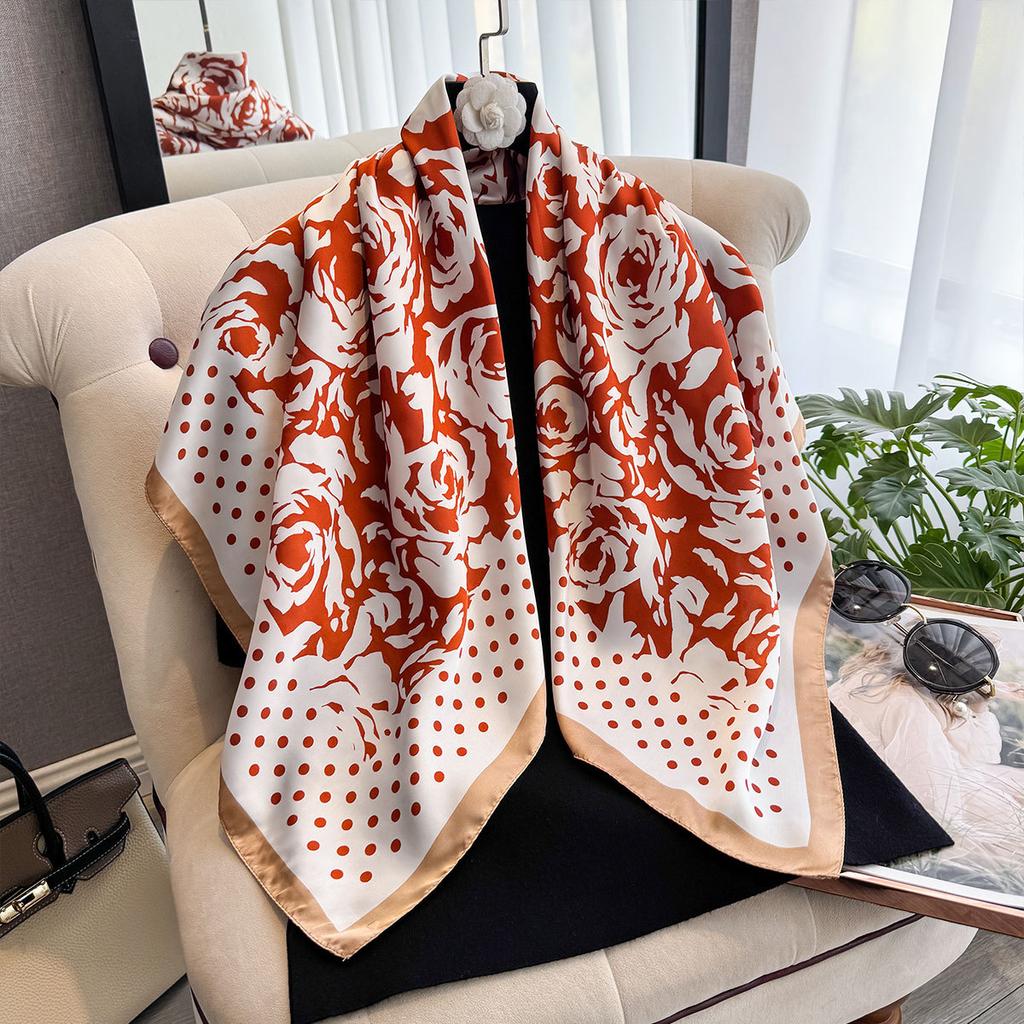 Polka Dot Camellia 90 Imitation Silk Large Square Scarf Shawl Commuting Versatile Printed Scarf Headscarf Silk Scarf Women